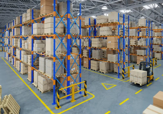 Regały paletowe przepychowe z paletami przemieszczanymi na rolkach od strony załadunku do wyładunku w kompaktowym systemie FIFO