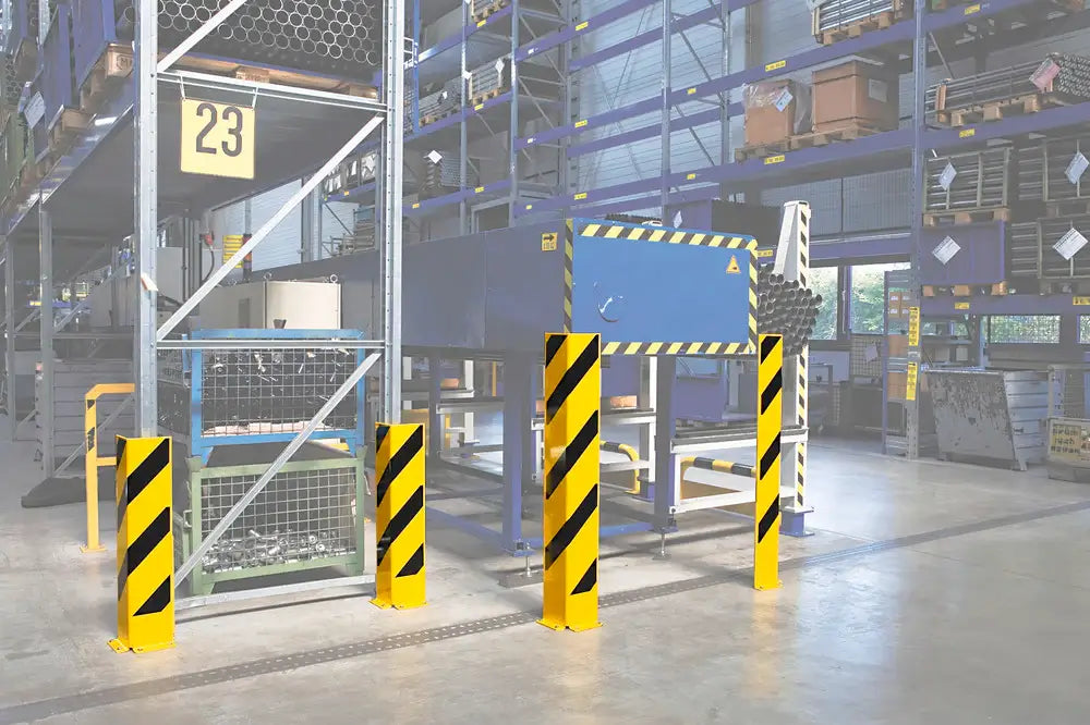 Żółte bariery ochronne zabezpieczające regały magazynowe przed uderzeniem wózków widłowych