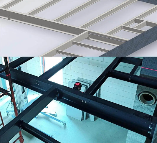 Prefabrykowane elementy antresoli przygotowane do szybkiego montażu w magazynie bez konieczności spawania na miejscu