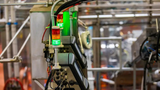 System sygnalizacji LED i świateł ostrzegawczych zamontowany w magazynie z kolorową sygnalizacją bezpieczeństwa i statusu operacji