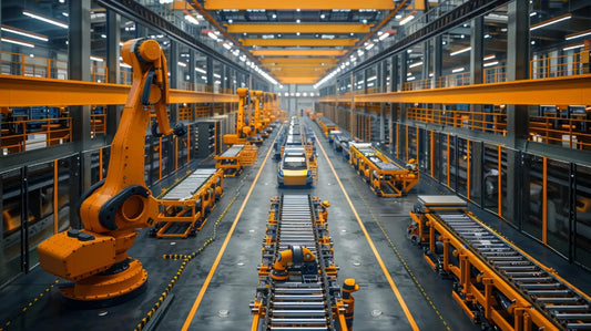 Panel awaryjnego zatrzymania przenośników taśmowych z czerwonymi przyciskami STOP rozmieszczonymi wzdłuż linii transportowej w magazynie