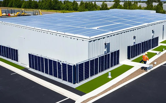 Magazyn samowystarczalny energetycznie z zintegrowanymi strukturami solarnymi na dachu