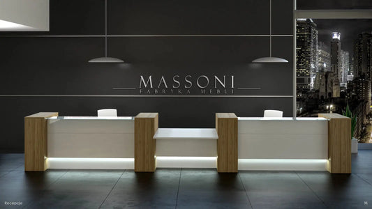 Regały biurowe w recepcji z dokumentami, katalogami i materiałami biurowymi zorganizowanymi na półkach dla obsługi klientów