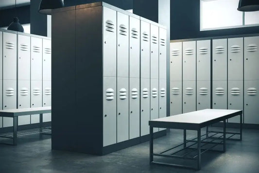 Szafki socjalne ze stali nierdzewnej w laboratorium z odzieżą ochronną i fartuchami laboratoryjnymi wiszącymi wewnątrz