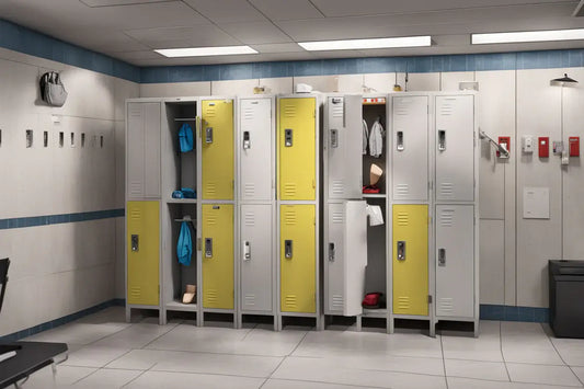 Metalowe szafki socjalne z przegrodami do przechowywania butów roboczych w zakładzie przemysłowym