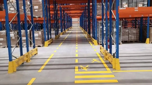 Bezpieczne przejścia dla pieszych w magazynie - wyznaczone korytarze oddzielone od tras wózków widłowych