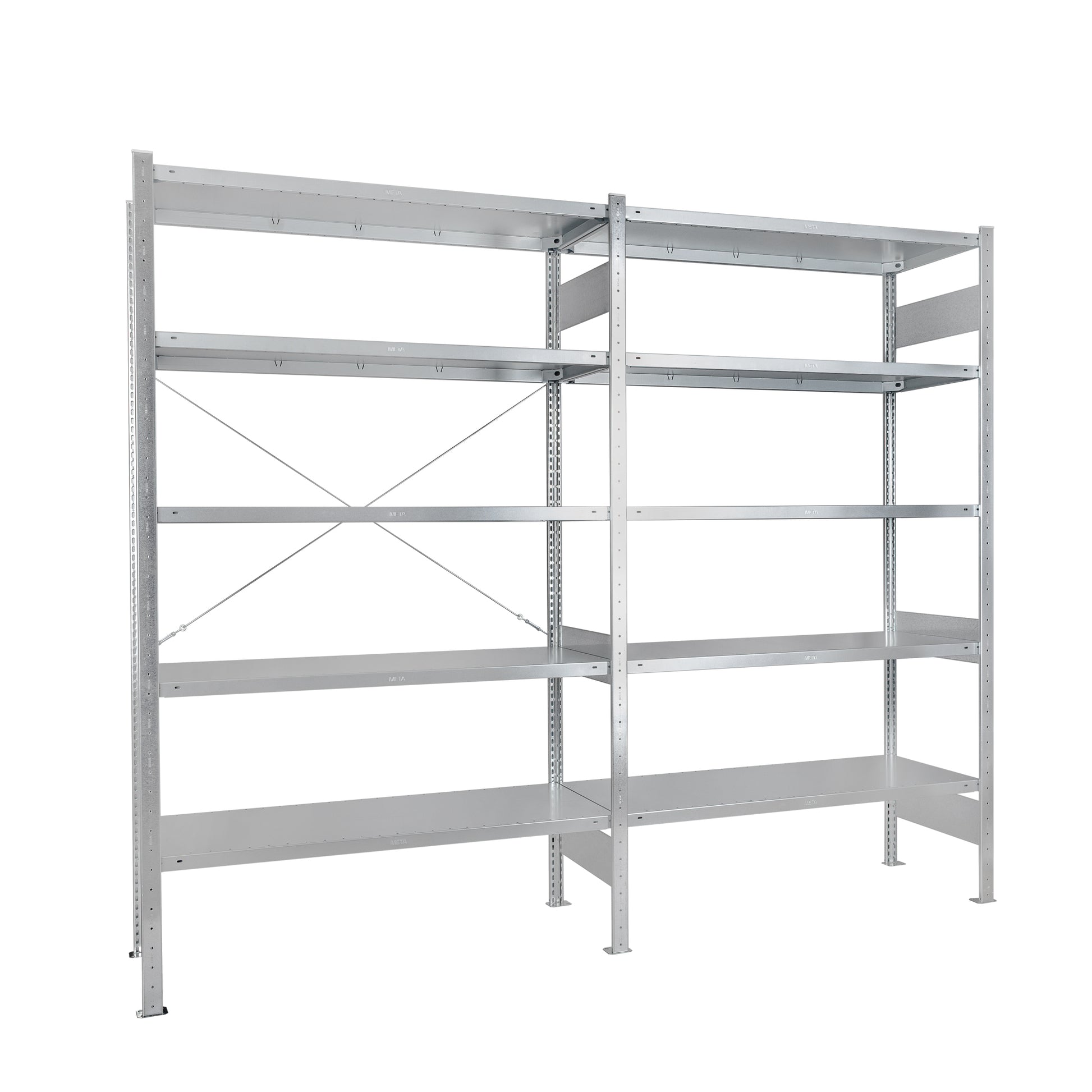 Regał metalowy ocynkowany META 5 półek 2 regały w ciągu podstawowy dostawny MS Regały Białystok niemiecki galwanizowany system połączony sekcja rozbudowa magazyn biuro hala