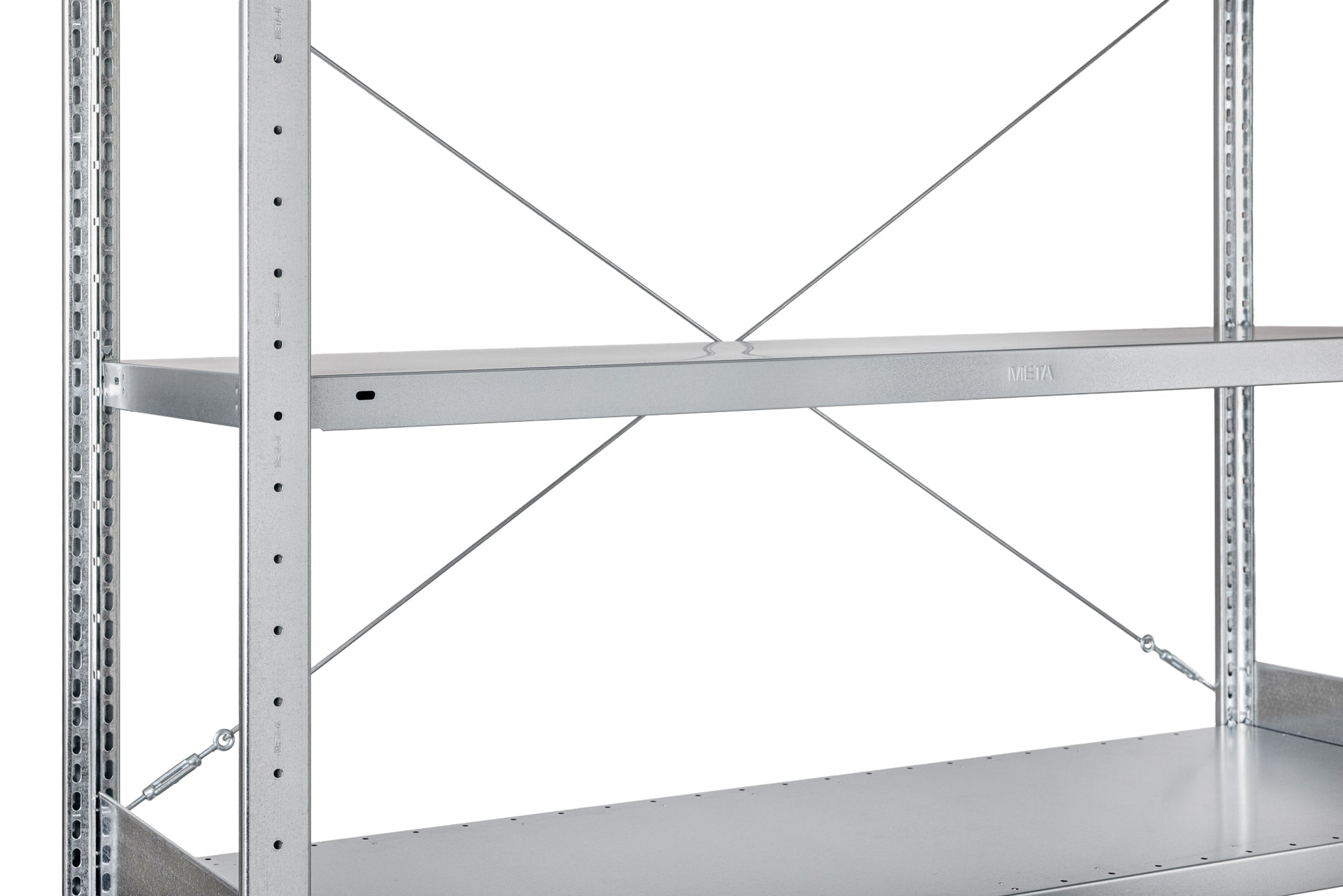 Regał metalowy ocynkowany META zbliżenie na półkę od strony frontowej MS Regały Białystok detal galwanizowana niemiecki konstrukcja przód front widok wytrzymała nośna