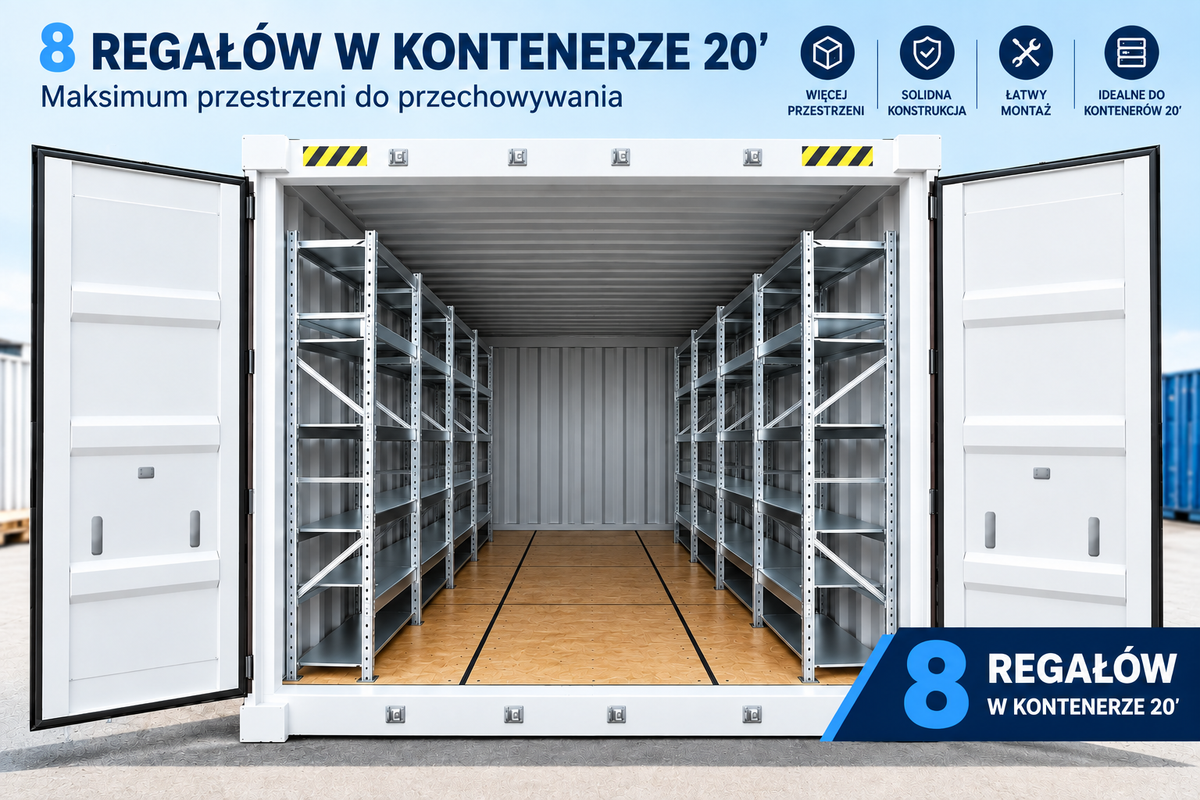Regały do kontenera 20' – zestaw NEDCON 8 regałów, 2 ciągi, półki 150kg
