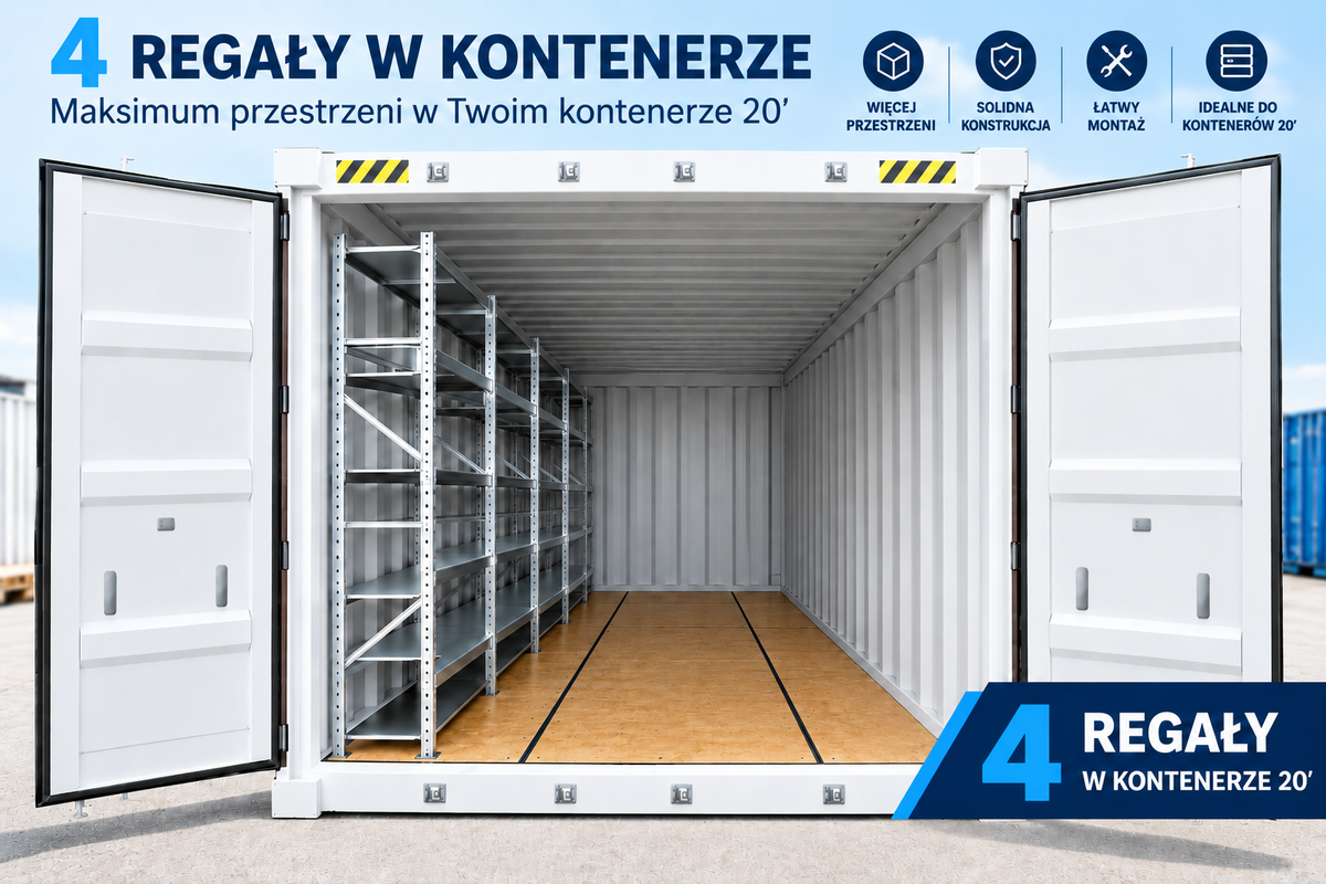 Regały do kontenera 20' – zestaw PROVOST 4 regały, 1 ciąg, półki 80kg