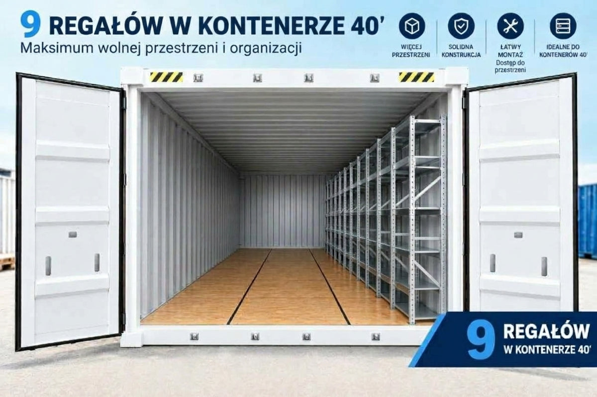 Regały do kontenera 40' – zestaw PROVOST 9 regałów, 1 ciąg, półki 80kg