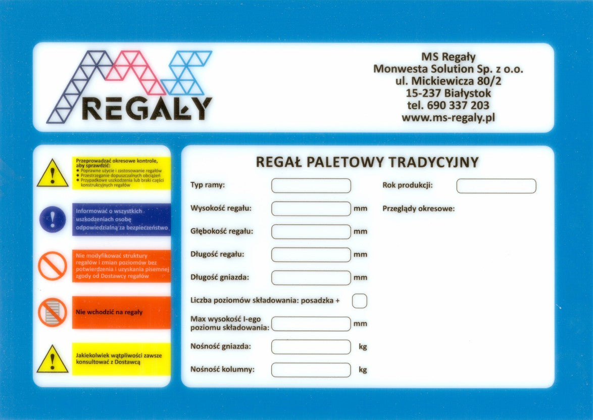 Tabliczka Magazynowa BHP na Regał Paletowy Plastikowa