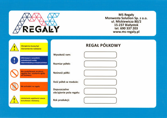 Tabliczka Magazynowa BHP na Regał Półkowy Plastikowa